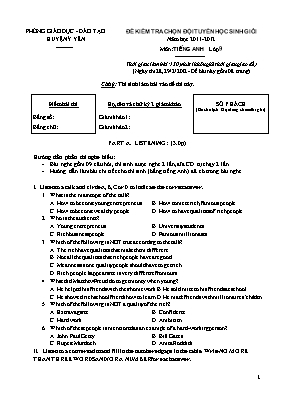 Đề kiểm tra chọn đội tuyển học sinh giỏi môn Tiếng Anh Lớp 9 - Năm học 2011-2012 - Phòng GD & ĐT Ý Yên (Có đáp án)